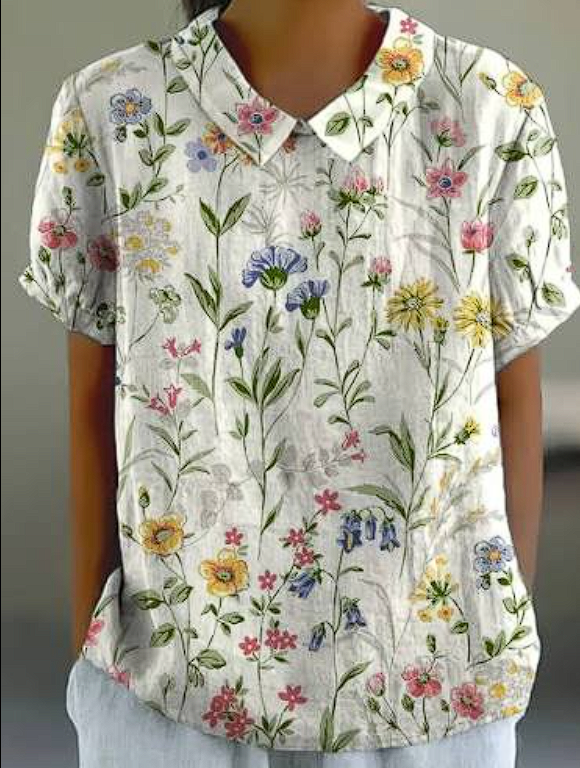 Floral Shirt with Button-Down and Short Sleeves for Women