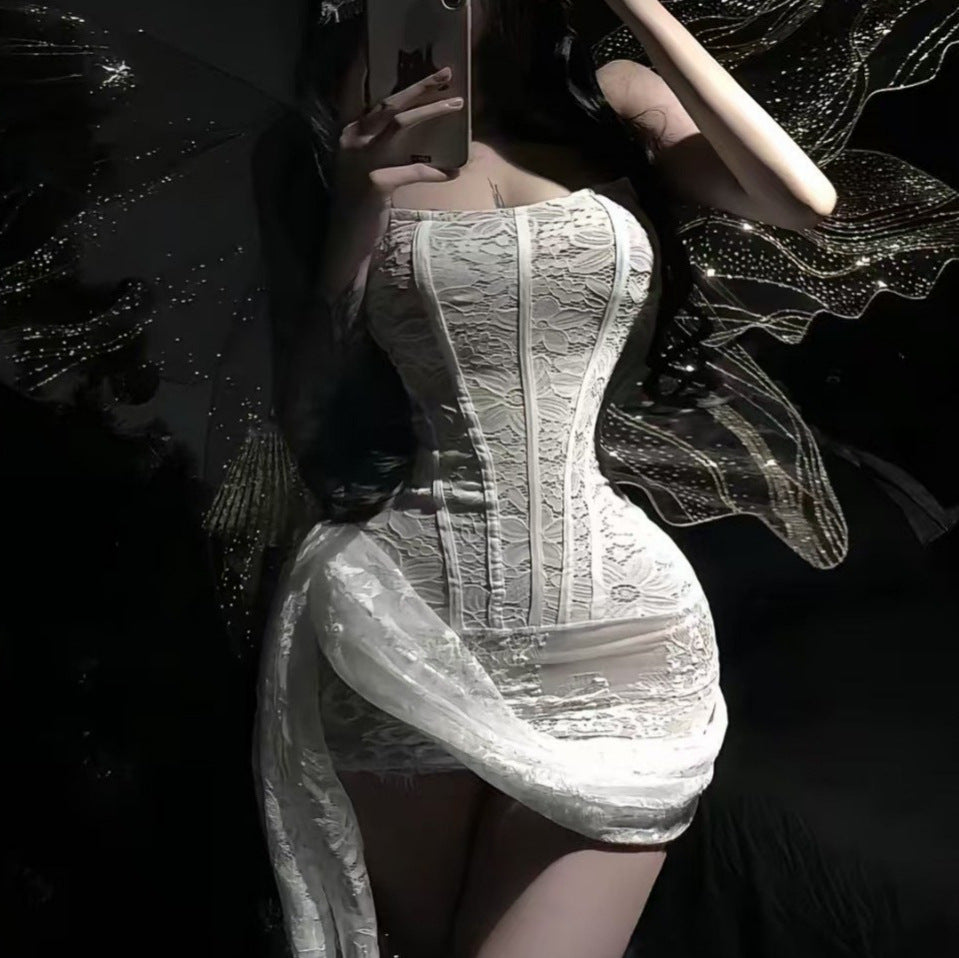 Lace Mesh Strapless Tube Dress for Women