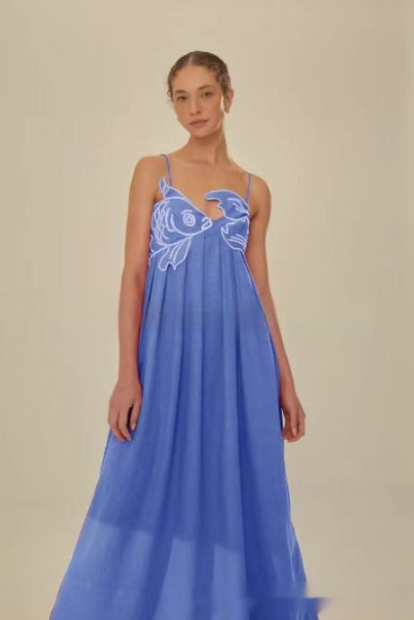 Sleeveless Fish Graphic Maxi Slip Dress for Women