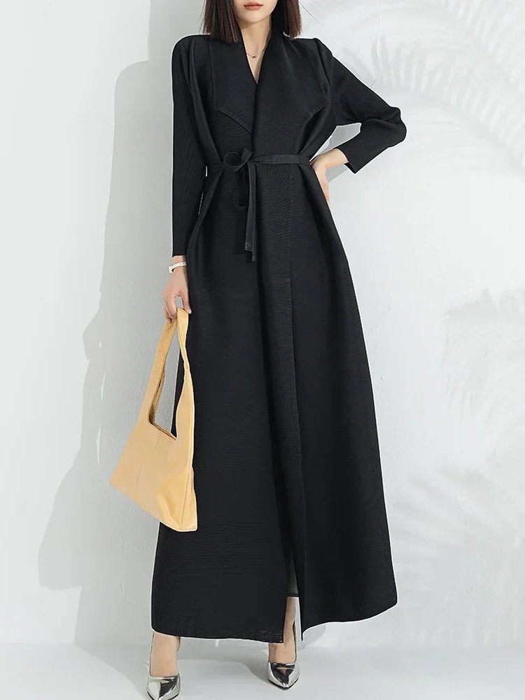 Belted A-Line Maxi Coat for Women - Black