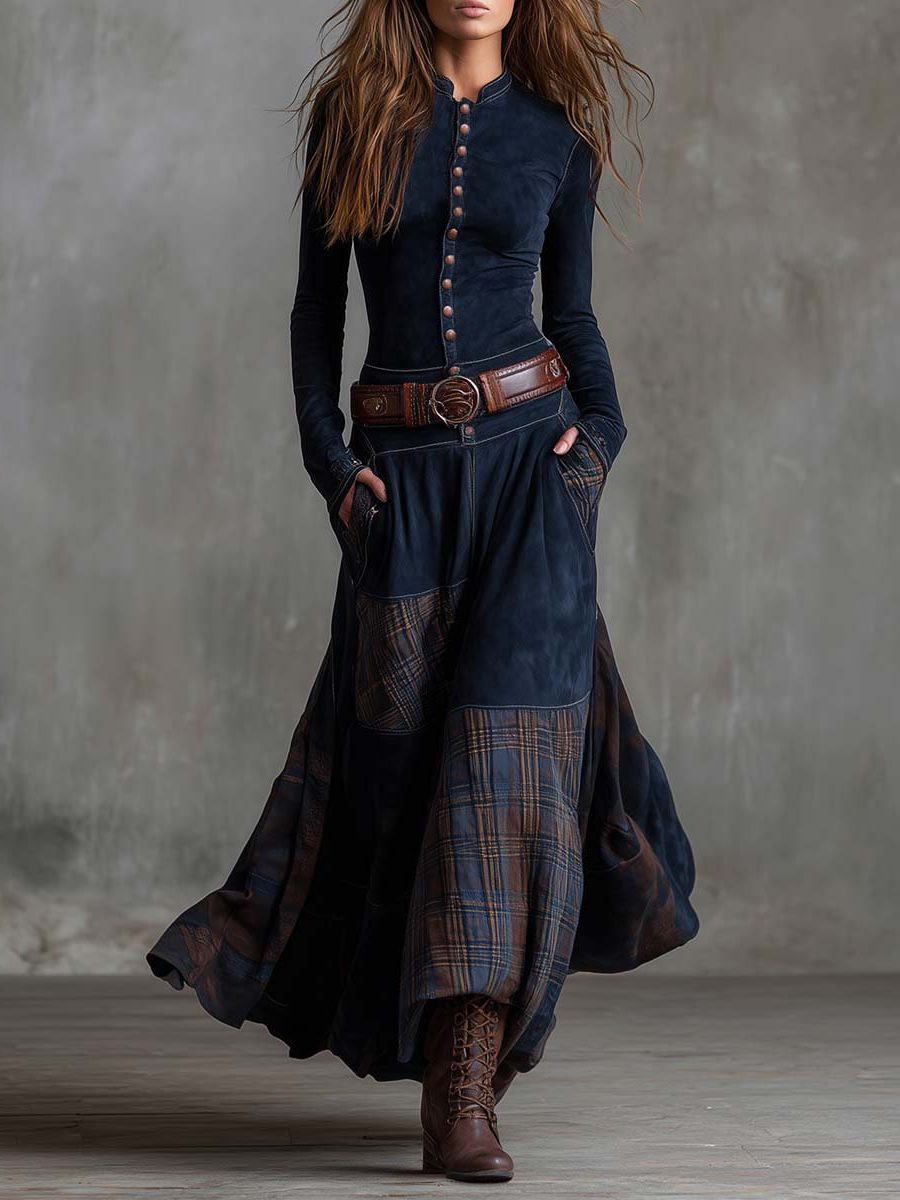 Belted Maxi Dress with Plaid Patchwork for Women