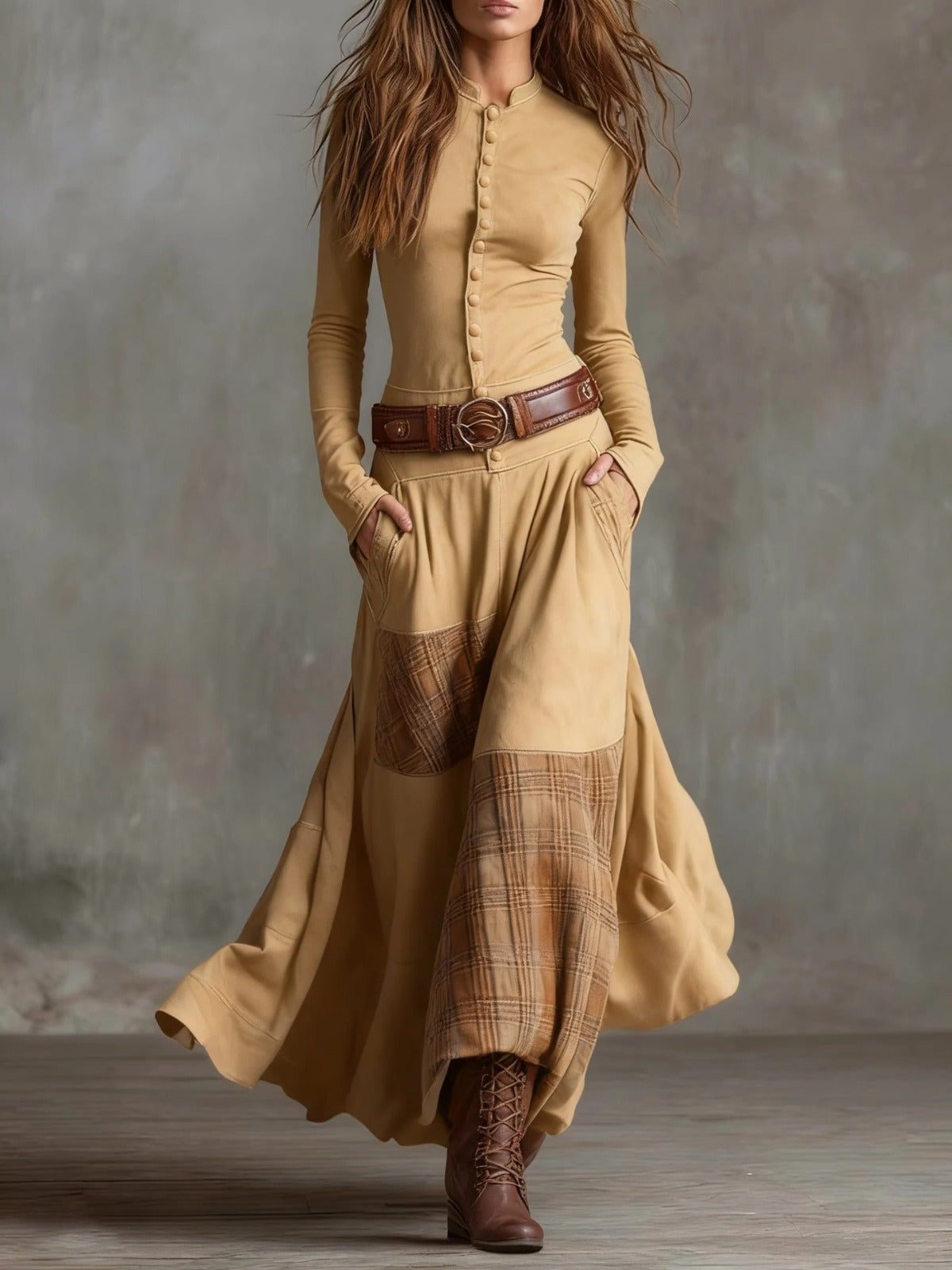 Belted Maxi Dress with Plaid Patchwork for Women - Camel