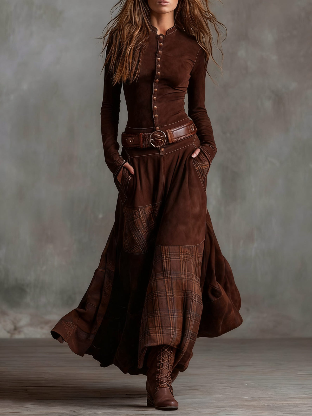 Belted Maxi Dress with Plaid Patchwork for Women - Brown