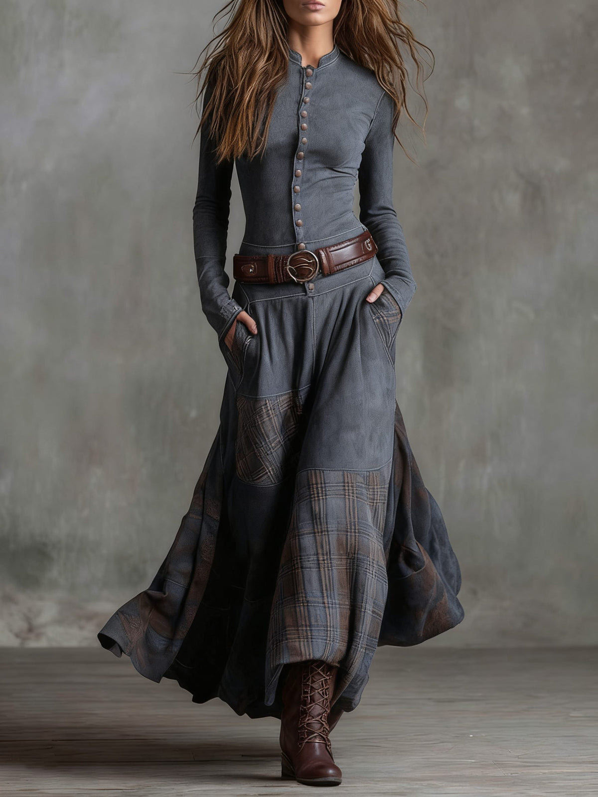 Belted Maxi Dress with Plaid Patchwork for Women - Gray