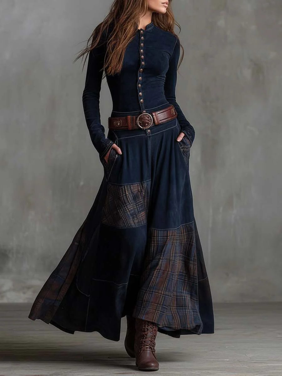 Belted Maxi Dress with Plaid Patchwork for Women - View 2