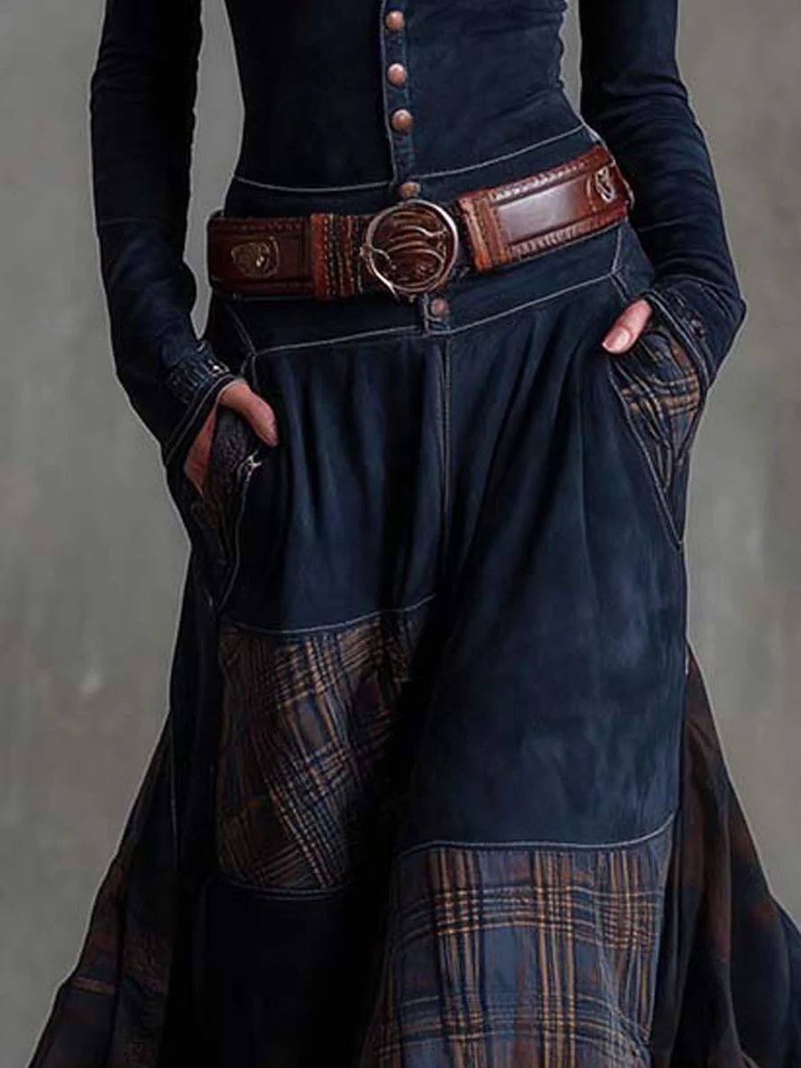 Belted Maxi Dress with Plaid Patchwork for Women - View 4