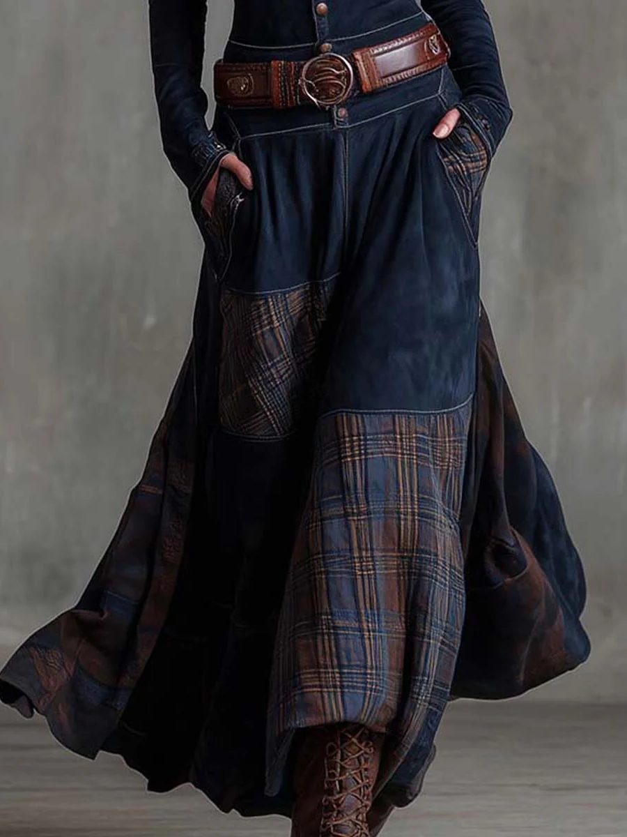 Belted Maxi Dress with Plaid Patchwork for Women - View 5