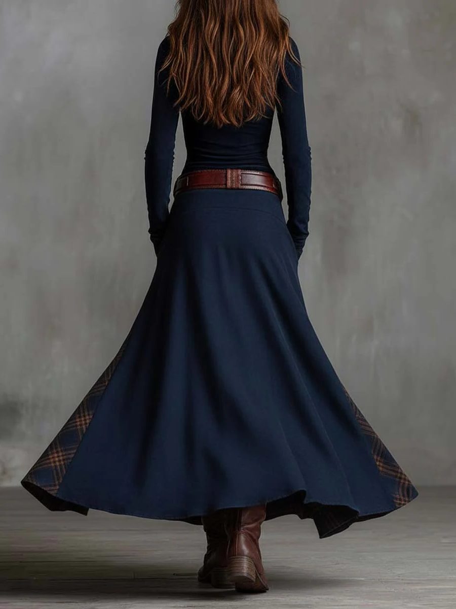 Belted Maxi Dress with Plaid Patchwork for Women - View 6