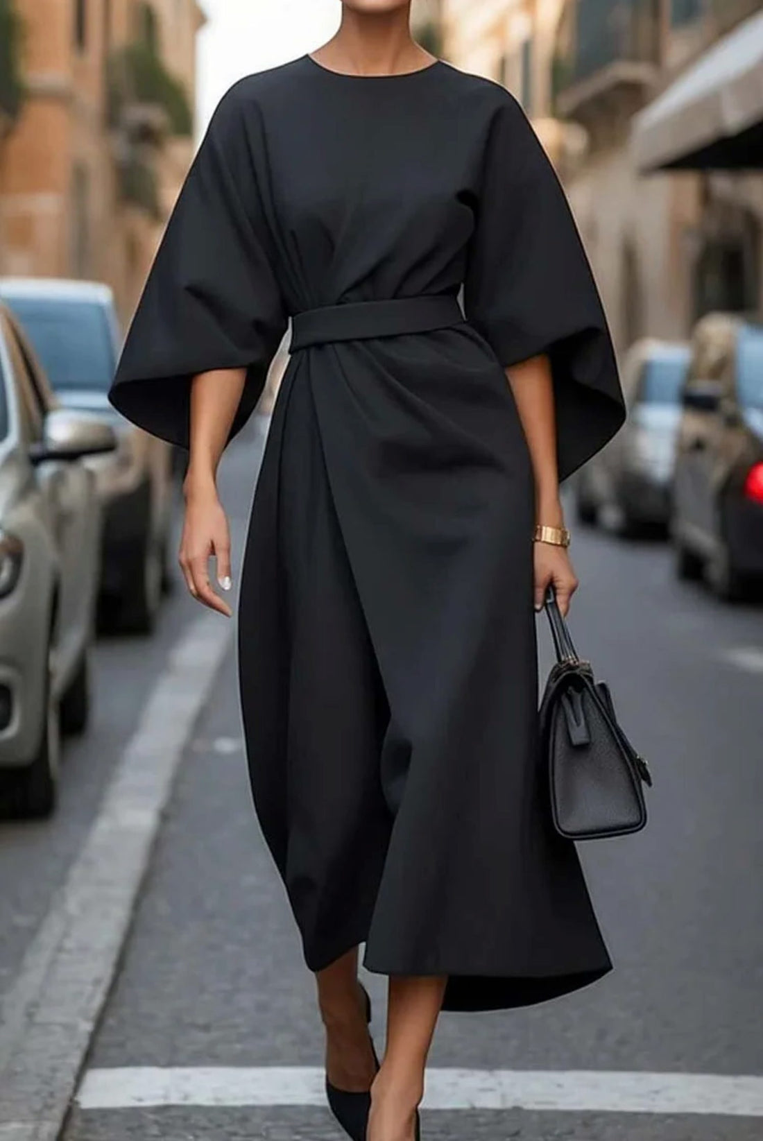 Belted Midi Dress with Lantern Sleeves for Women