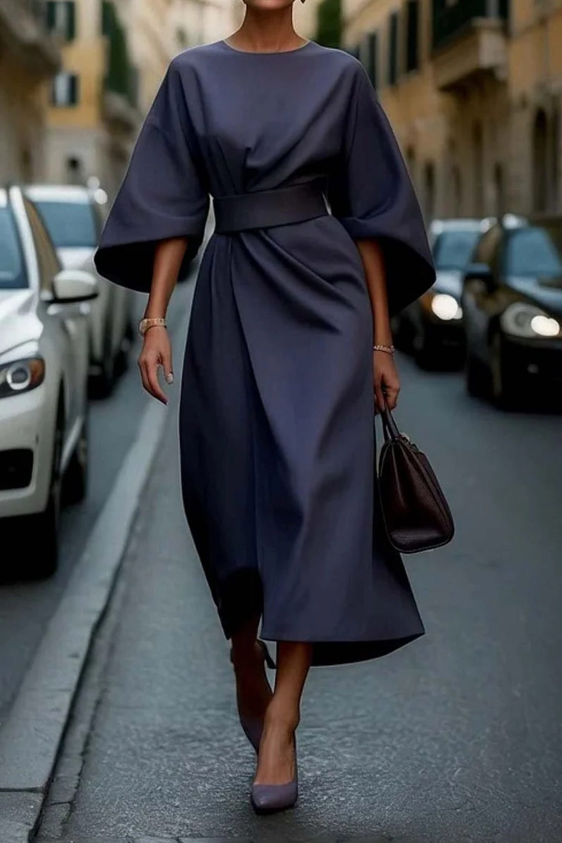 Belted Midi Dress with Lantern Sleeves for Women
