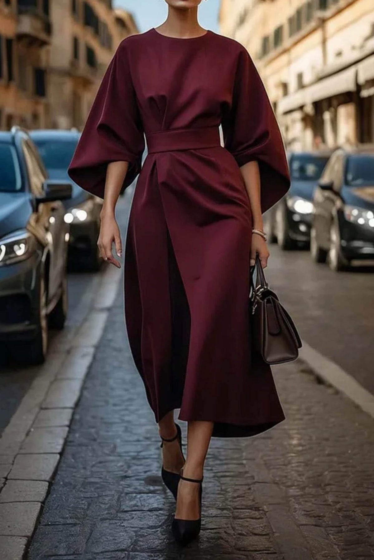 Belted Midi Dress with Lantern Sleeves for Women - Bordeaux