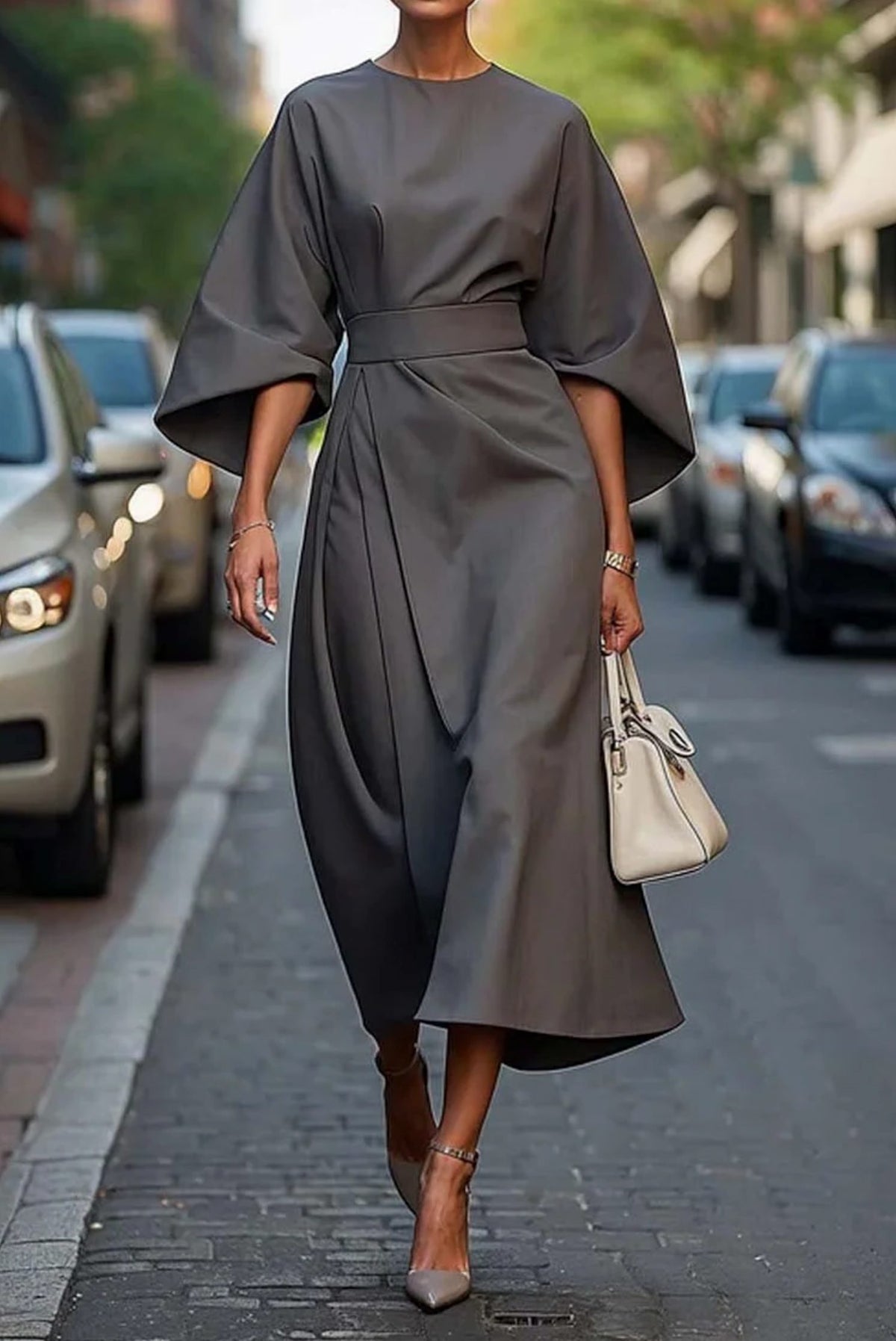 Belted Midi Dress with Lantern Sleeves for Women - Grey
