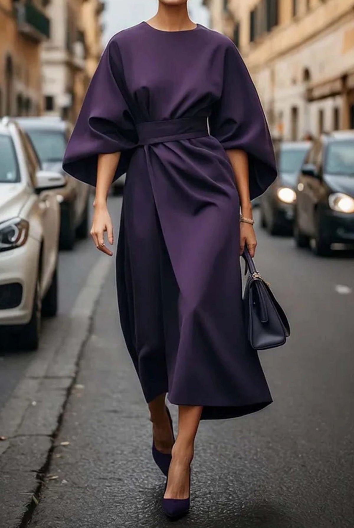 Belted Midi Dress with Lantern Sleeves for Women - Violet