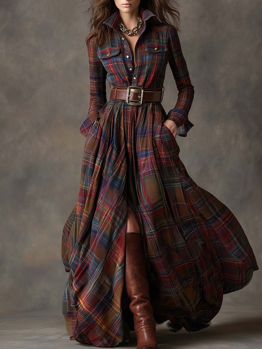 Belted Plaid A-Line Winter Dress for Women