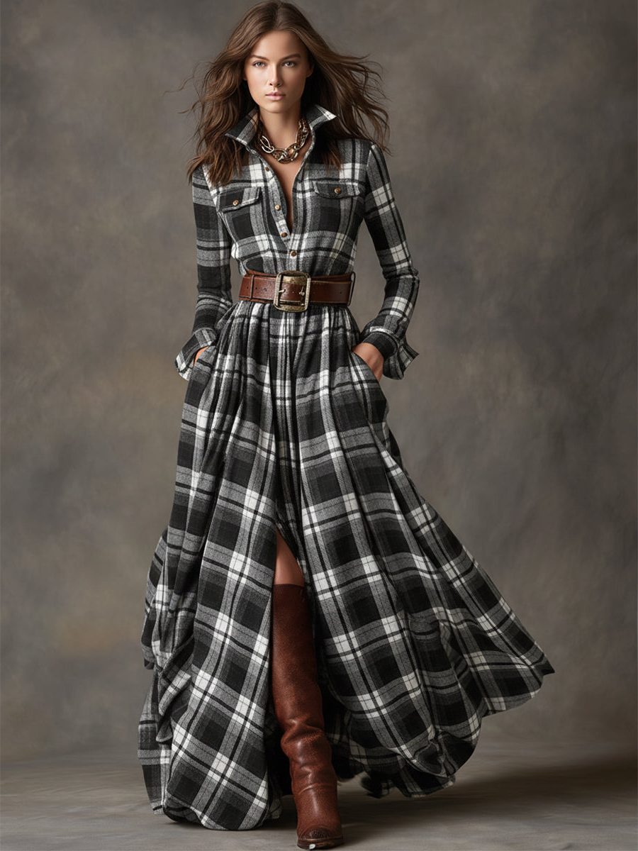 Belted Plaid A-Line Winter Dress for Women - View 11