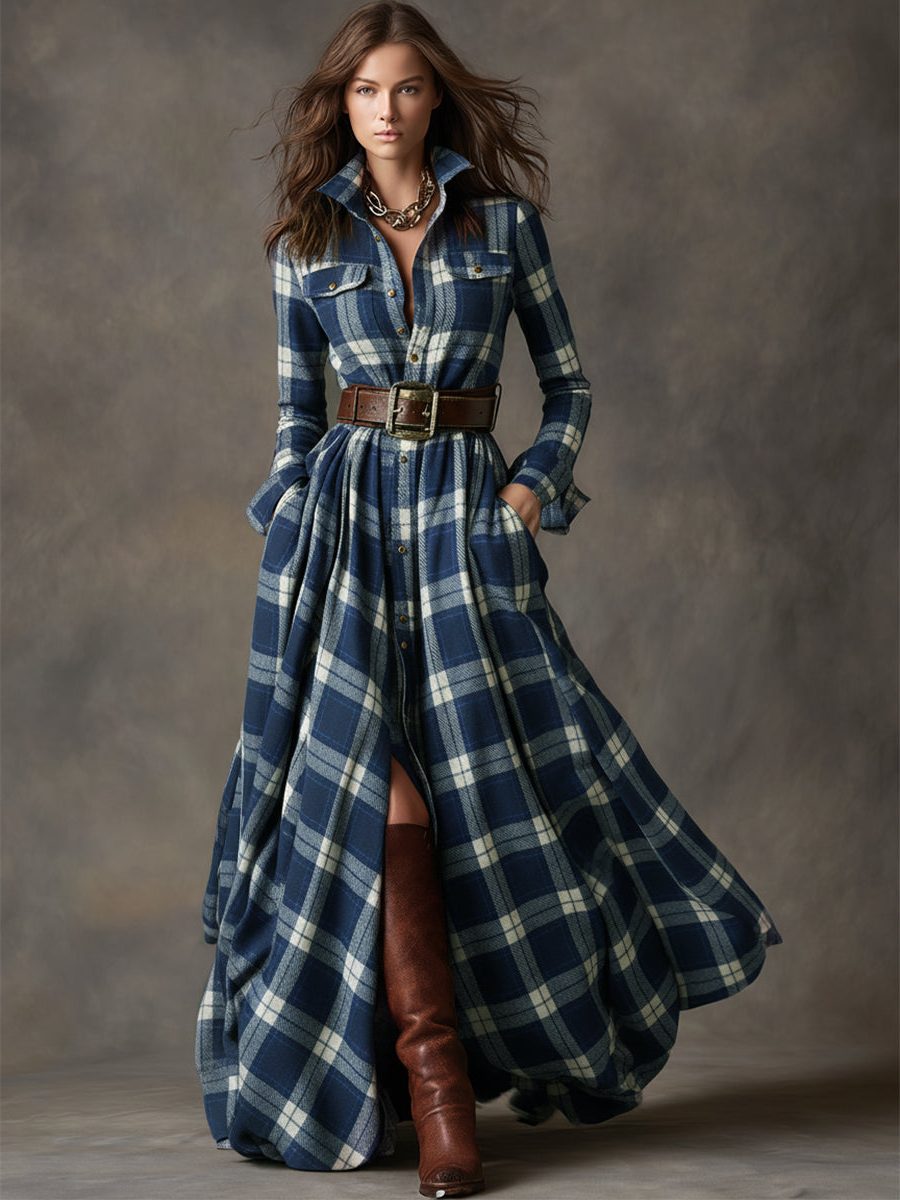 Belted Plaid A-Line Winter Dress for Women - View 12