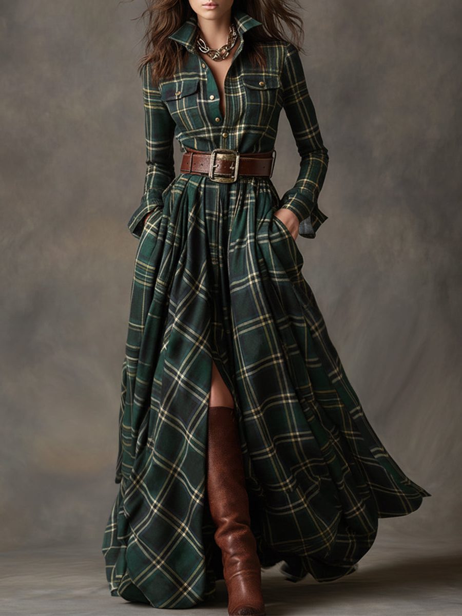 Belted Plaid A-Line Winter Dress for Women - Verde