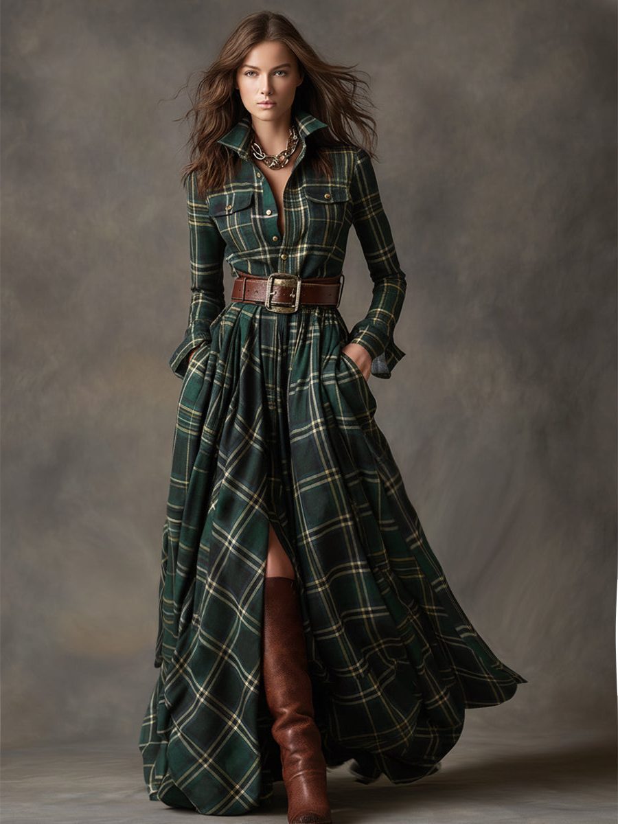 Belted Plaid A-Line Winter Dress for Women - View 9
