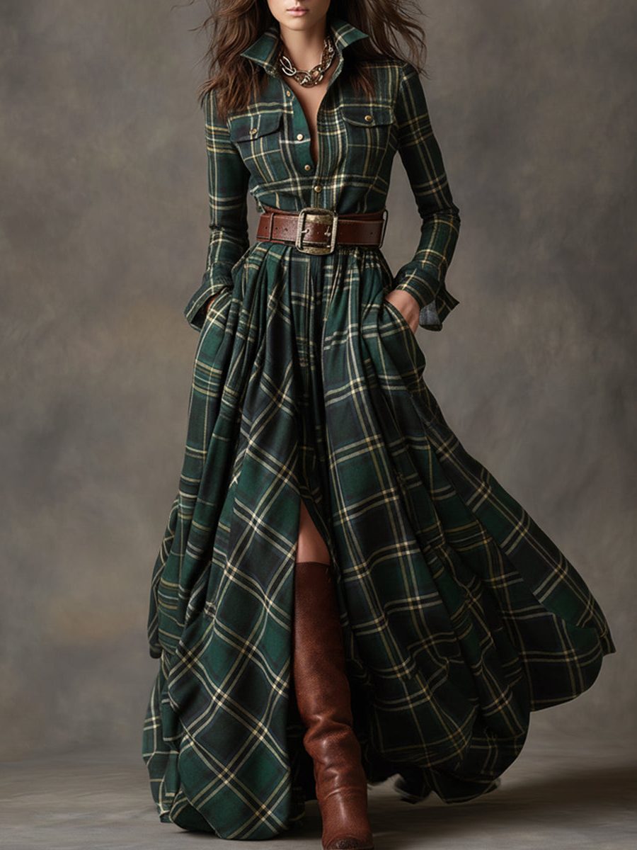 Belted Plaid Shirt Dress for Women