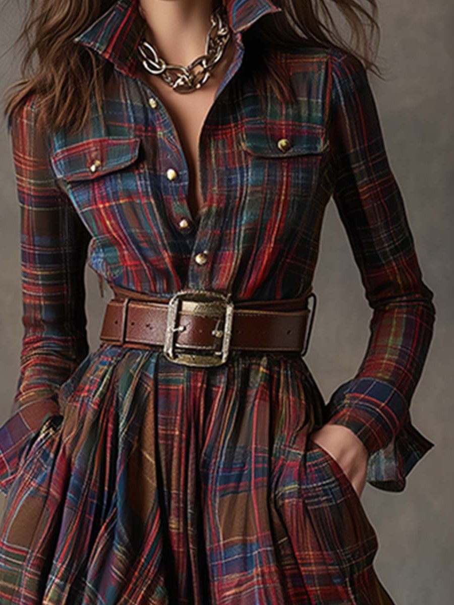 Belted Plaid Shirt Dress for Women - View 3
