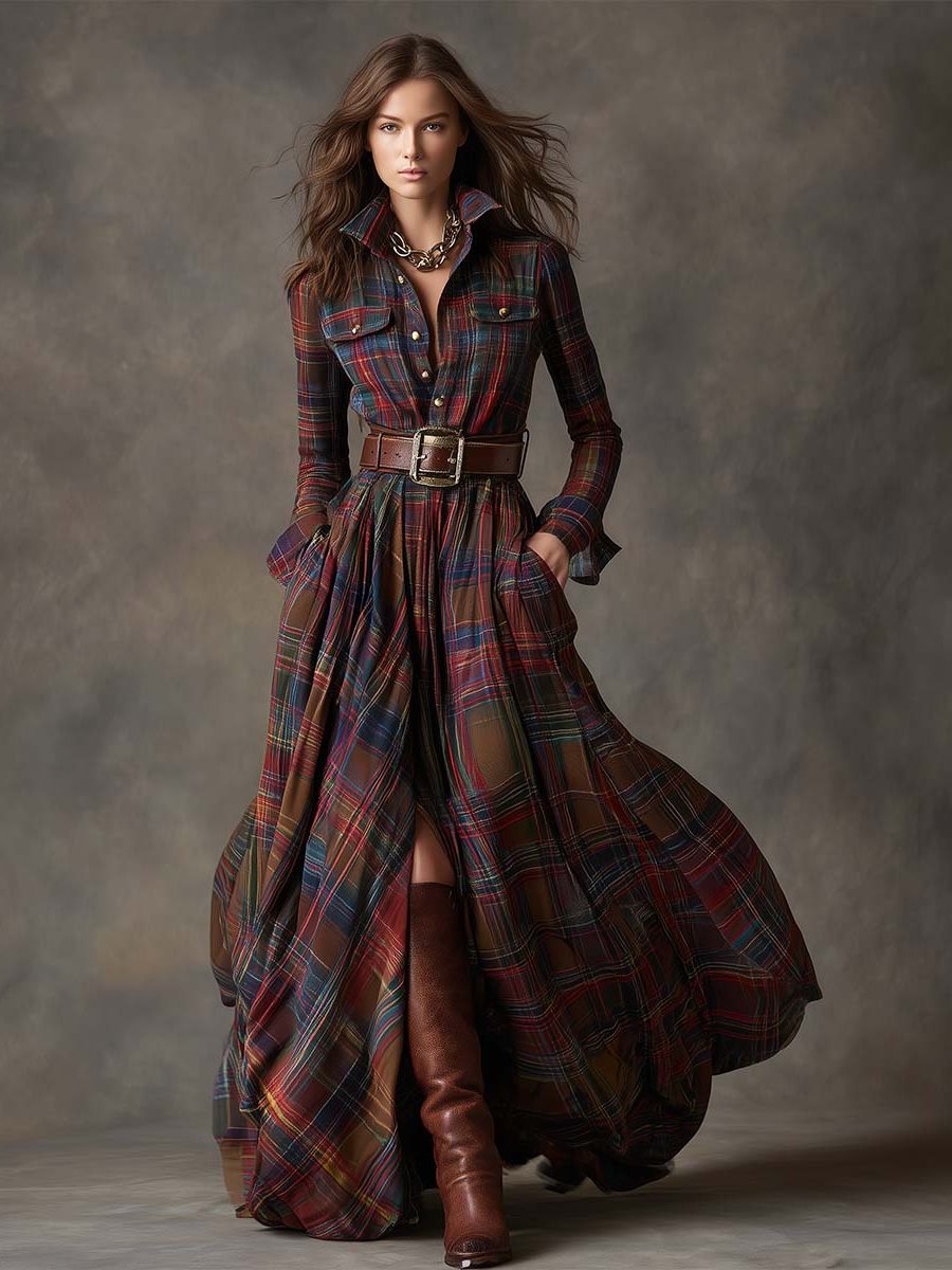 Belted Plaid Shirt Dress for Women - View 6