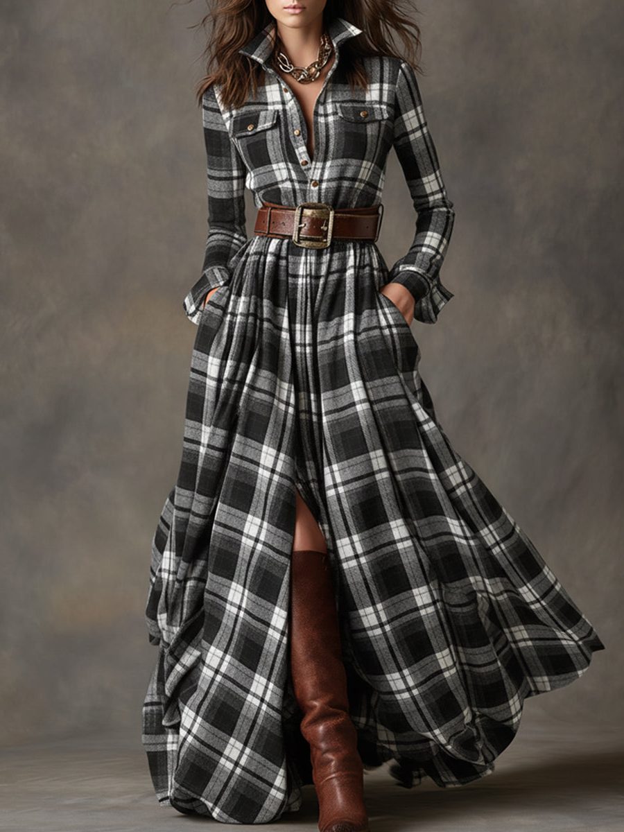 Belted Plaid Shirt Dress for Women - Black