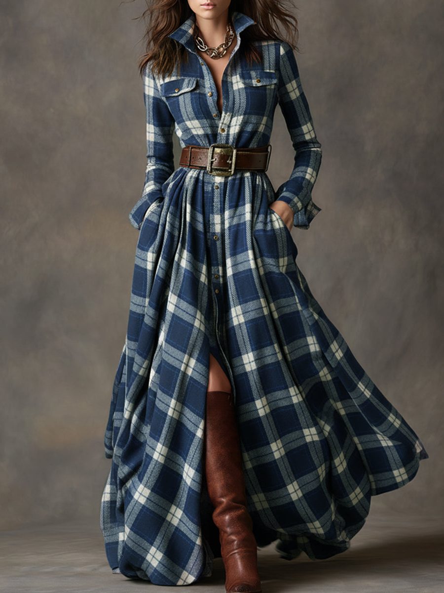 Belted Plaid Shirt Dress for Women - Blue