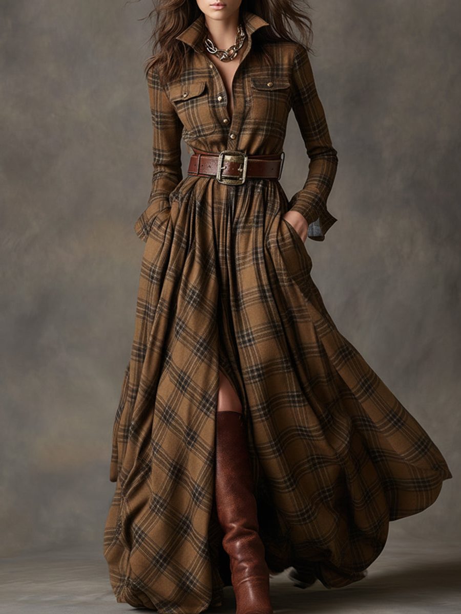 Belted Plaid Shirt Dress for Women - Brown