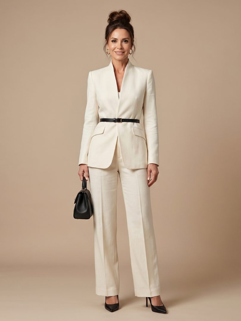 Belted Stand Collar Tailored Suit for Women
