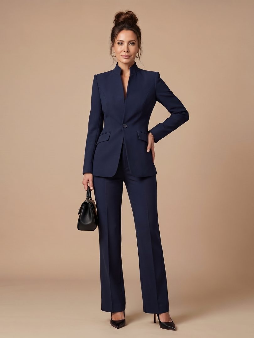 Belted Stand Collar Tailored Suit for Women - Navy