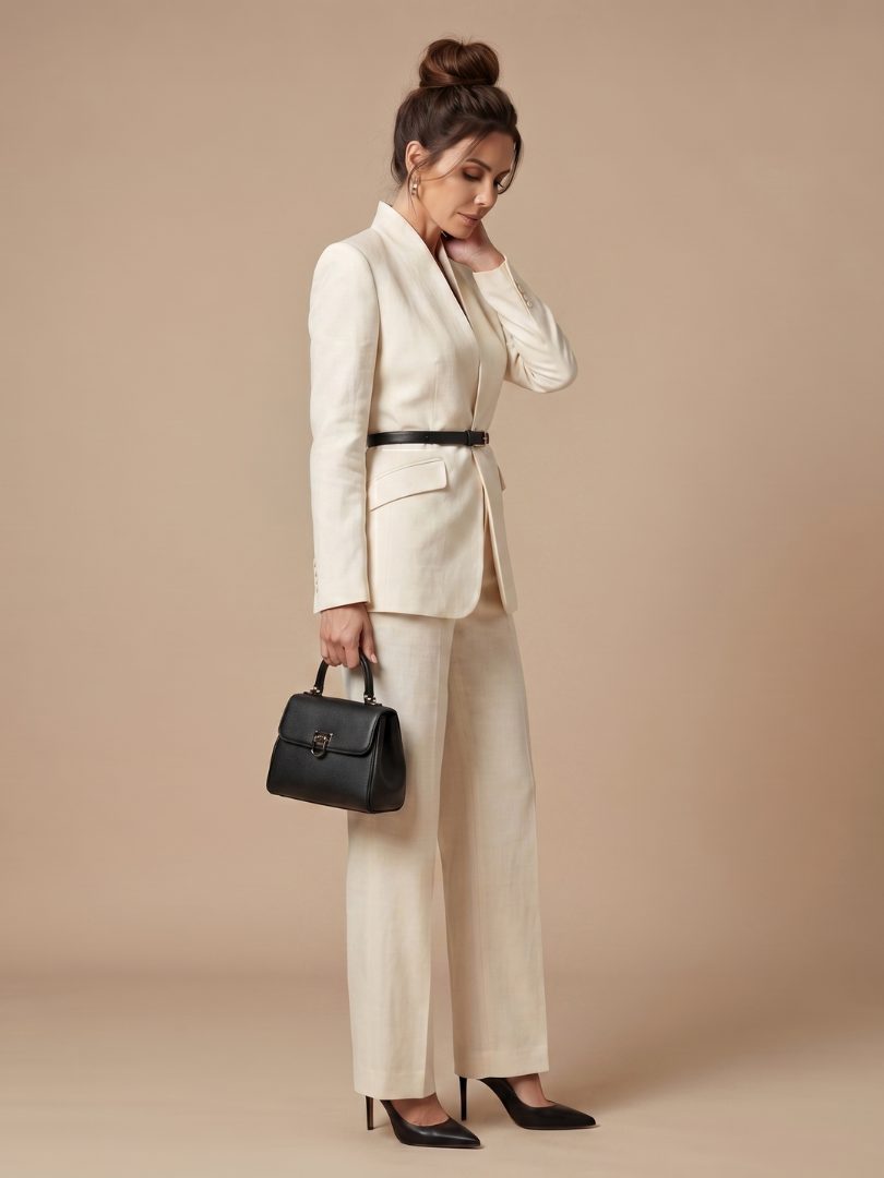 Belted Stand Collar Tailored Suit for Women - View 2