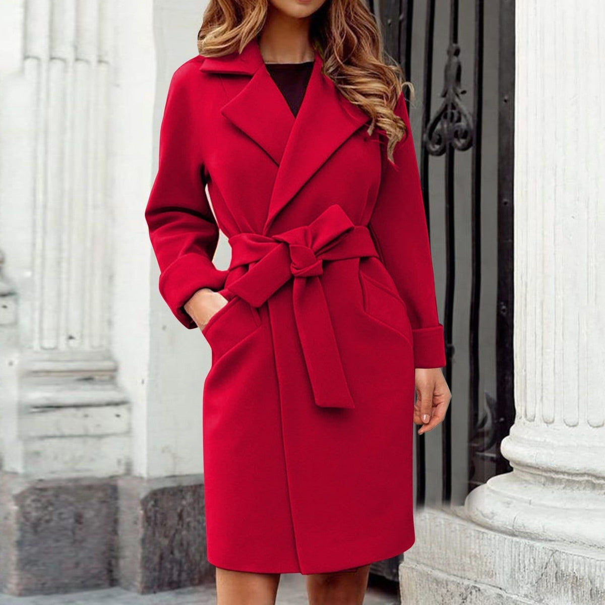 Belted Trench Coat for Women - Red