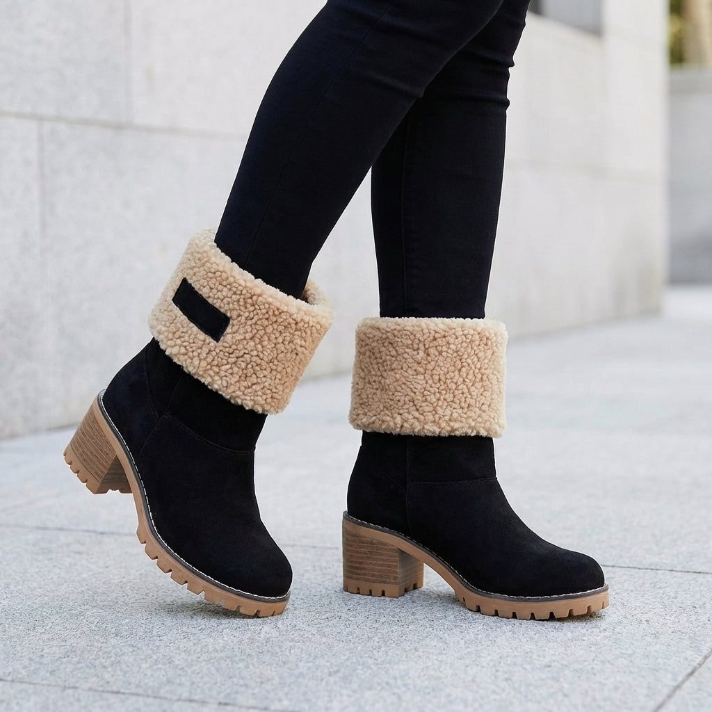 Block Heel Ankle Boots with Fleece Cuff for Women