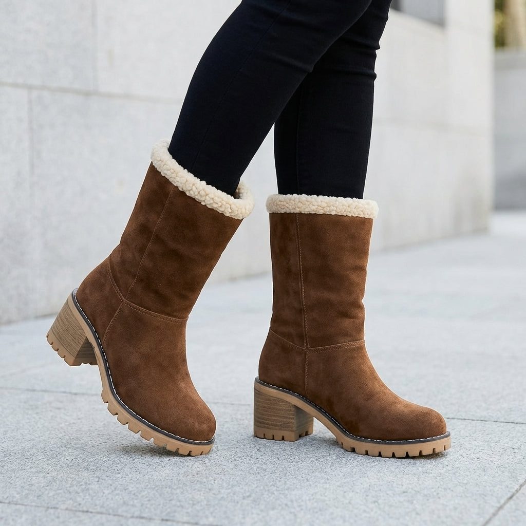 Block Heel Ankle Boots with Fleece Cuff for Women - Dark Brown