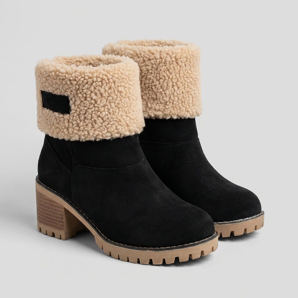 Block Heel Ankle Boots with Fleece Cuff for Women