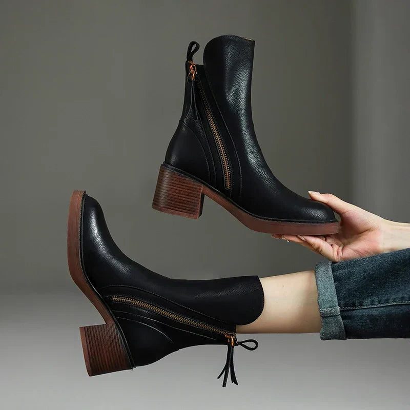 Block Heel Ankle Boots with Zip for Women - Black