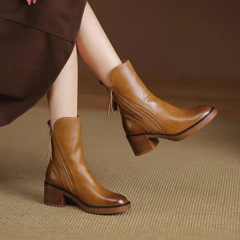 Block Heel Ankle Boots with Zip for Women - Brown