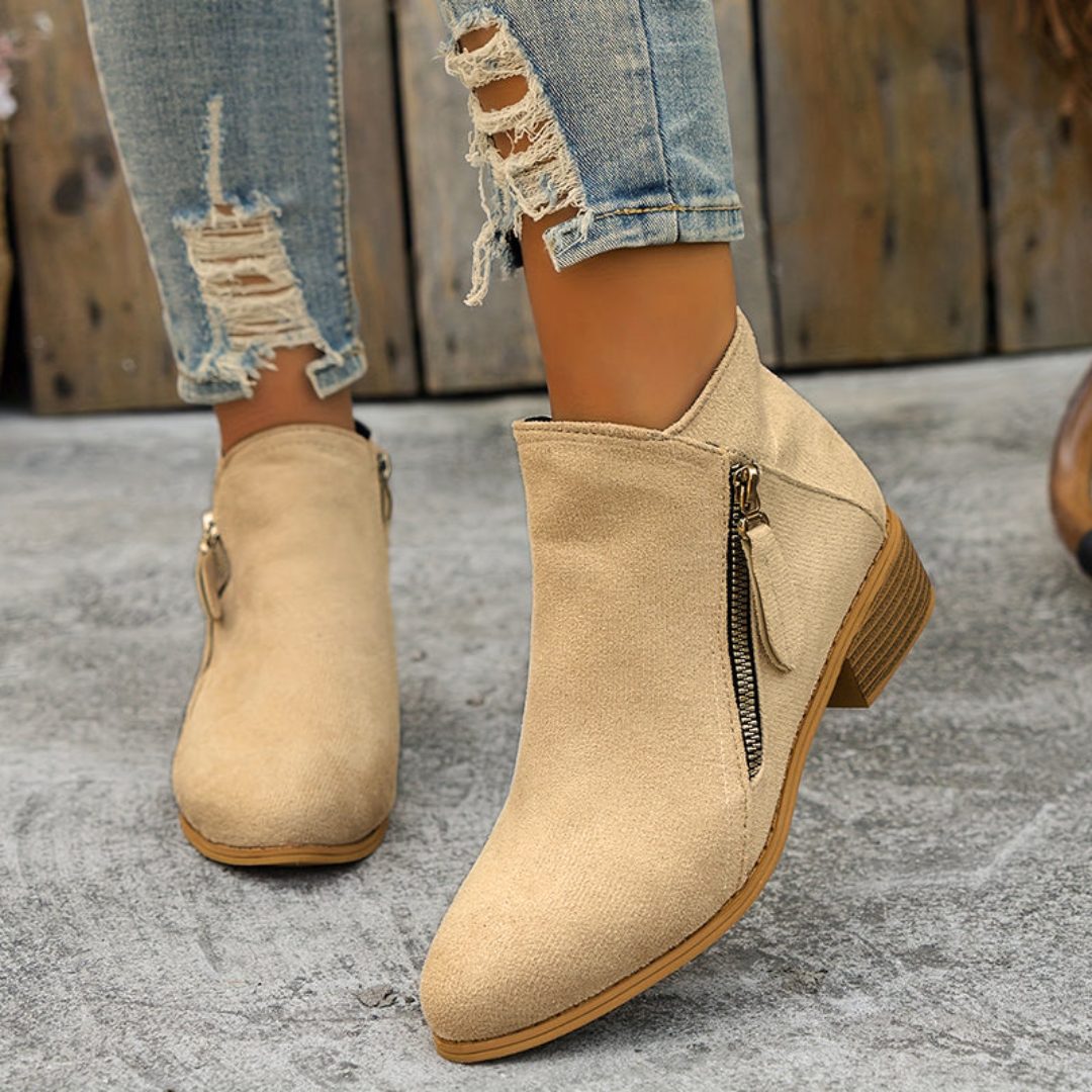 Block Heel Denim Ankle Boots for Women - Beige