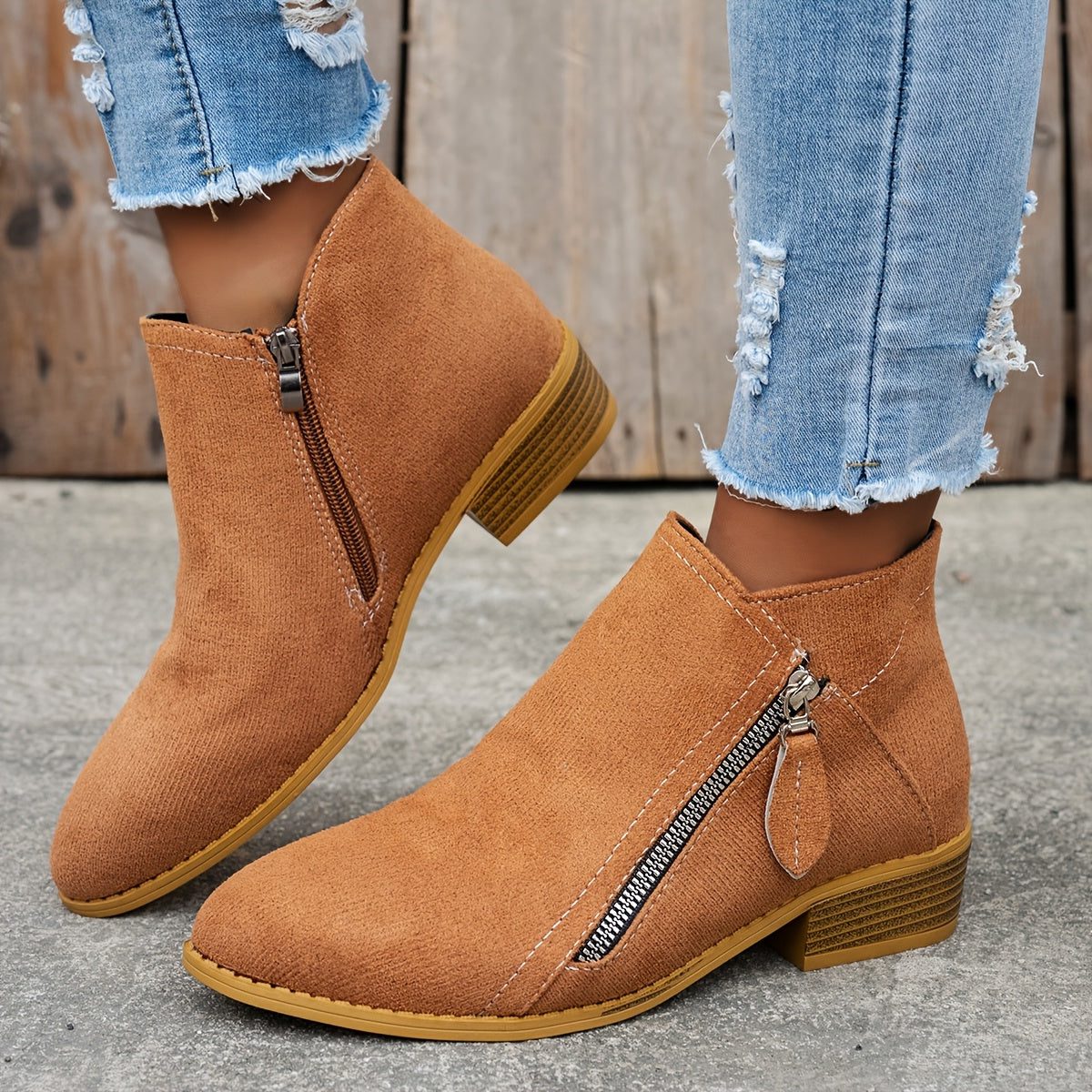 Block Heel Denim Ankle Boots for Women - Brown