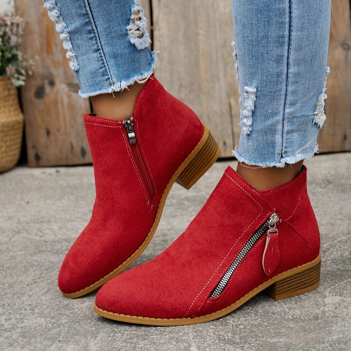 Block Heel Denim Ankle Boots for Women - Red