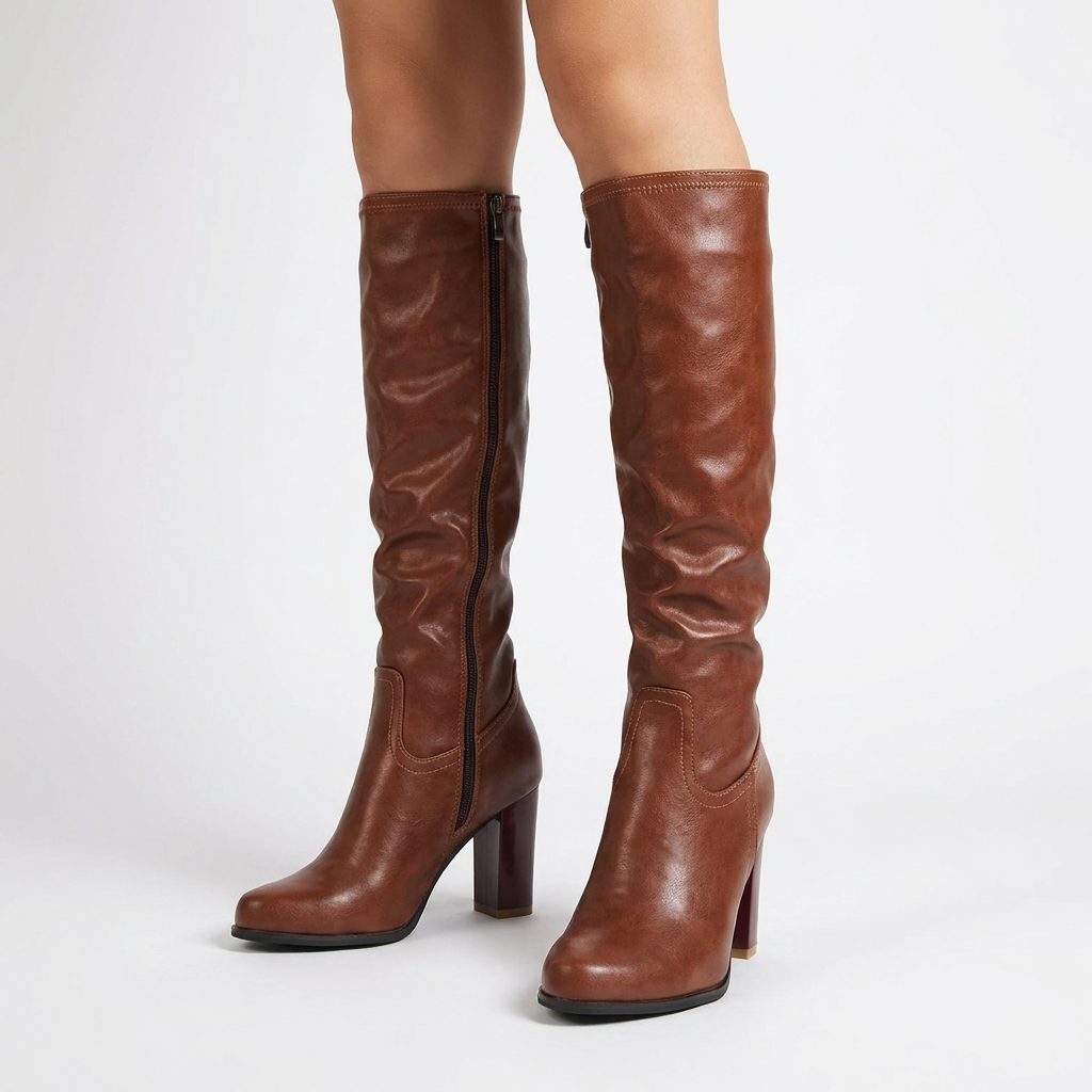 Block Heel Knee High Boots with Side Zip for Women
