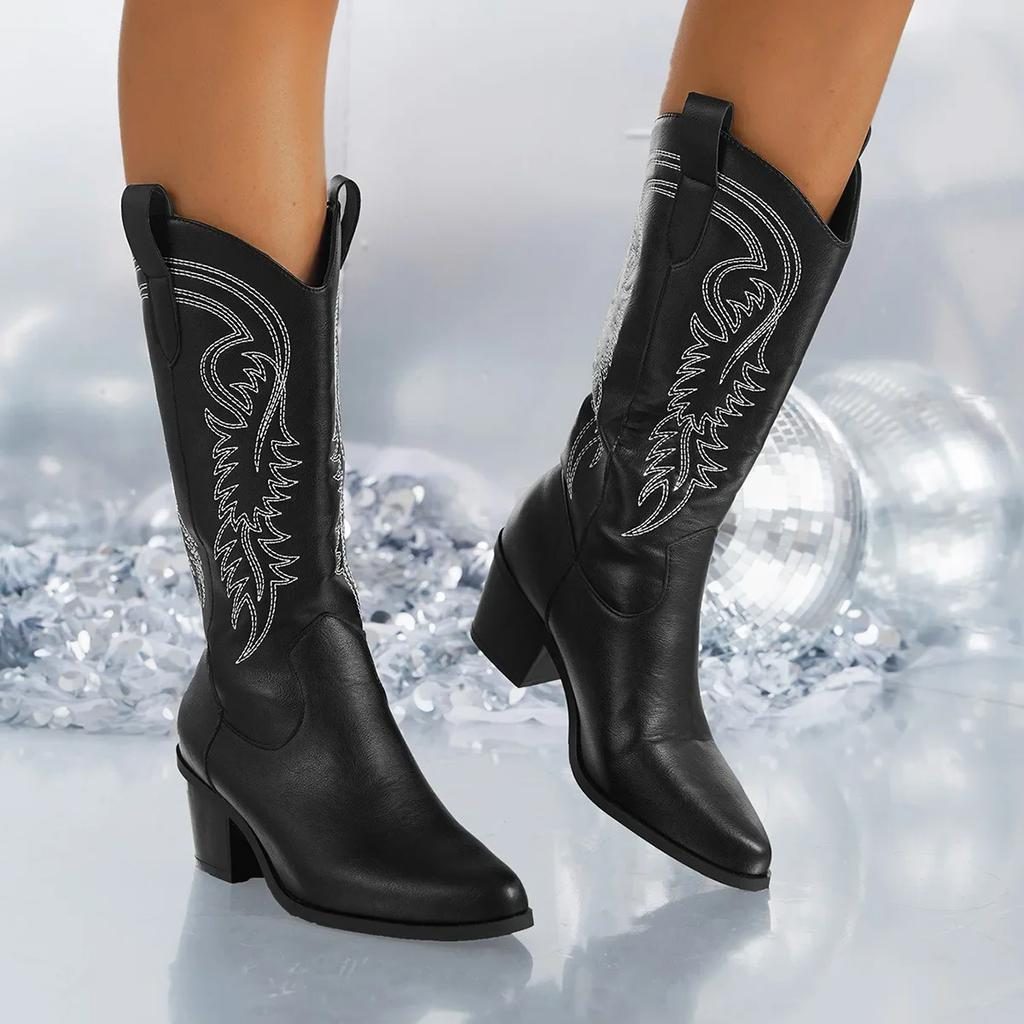Block Heel Knee High Cowboy Boots for Women - Black