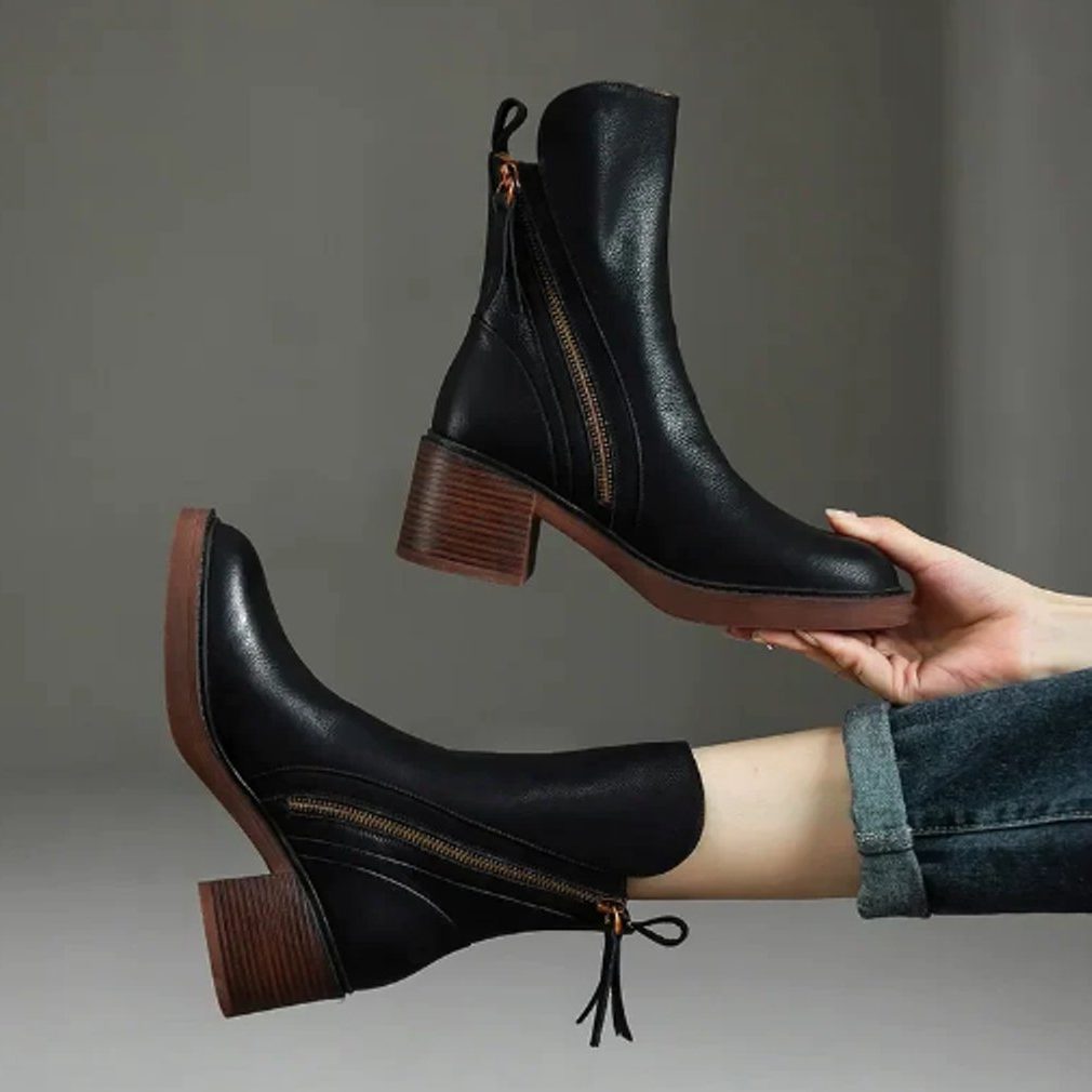 Block Heel Side-Zip Ankle Boots for Women - Black