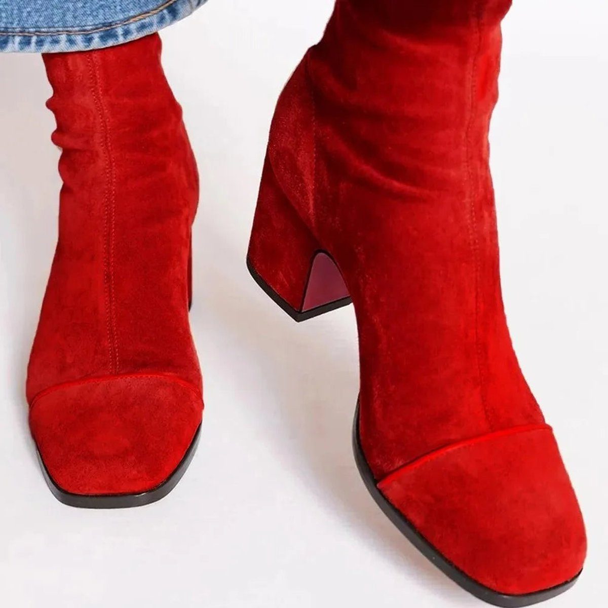 Block Heel Suede Ankle Boots with Leopard Toe for Women - Red