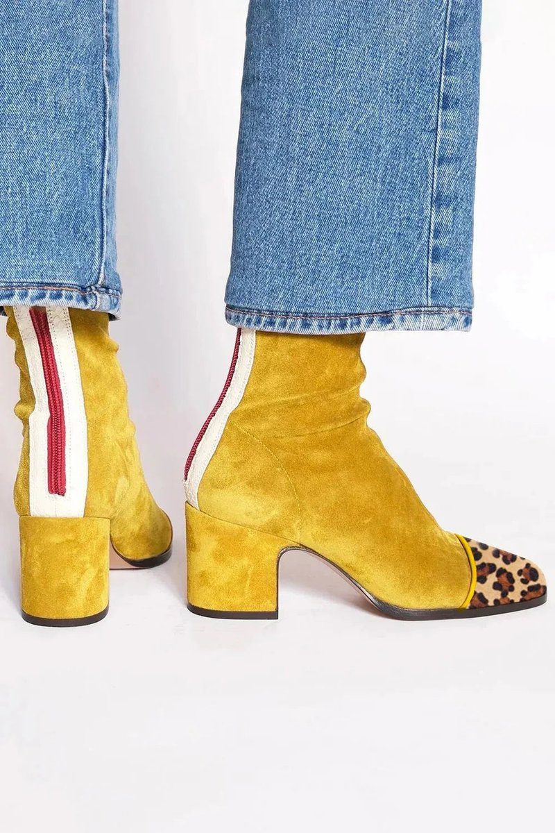 Block Heel Suede Ankle Boots with Leopard Toe for Women - View 9