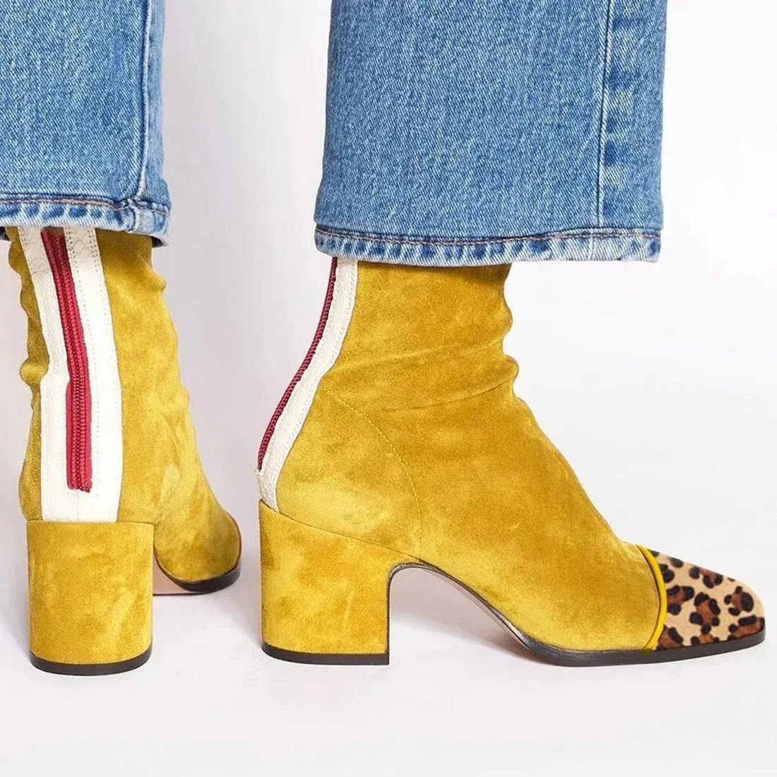 Block Heel Suede Ankle Boots with Leopard Toe for Women