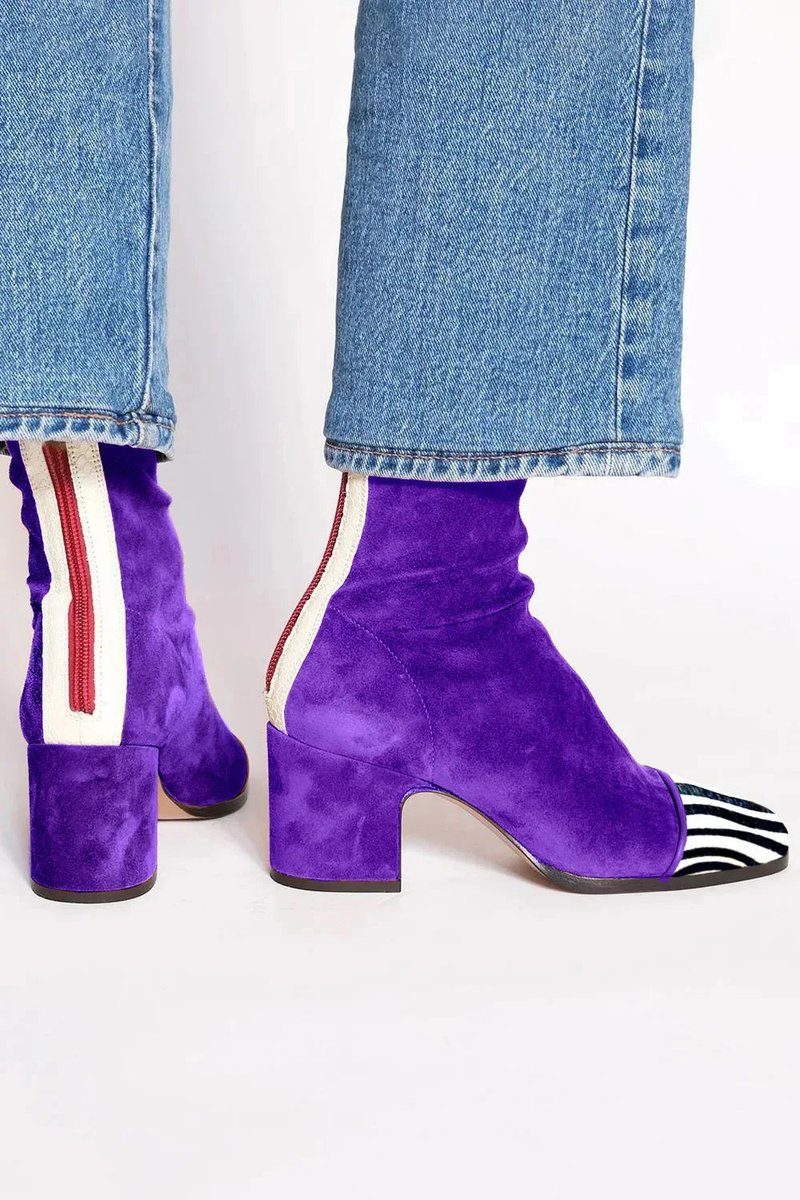 Block Heel Suede Ankle Boots with Leopard Toe for Women - Purple