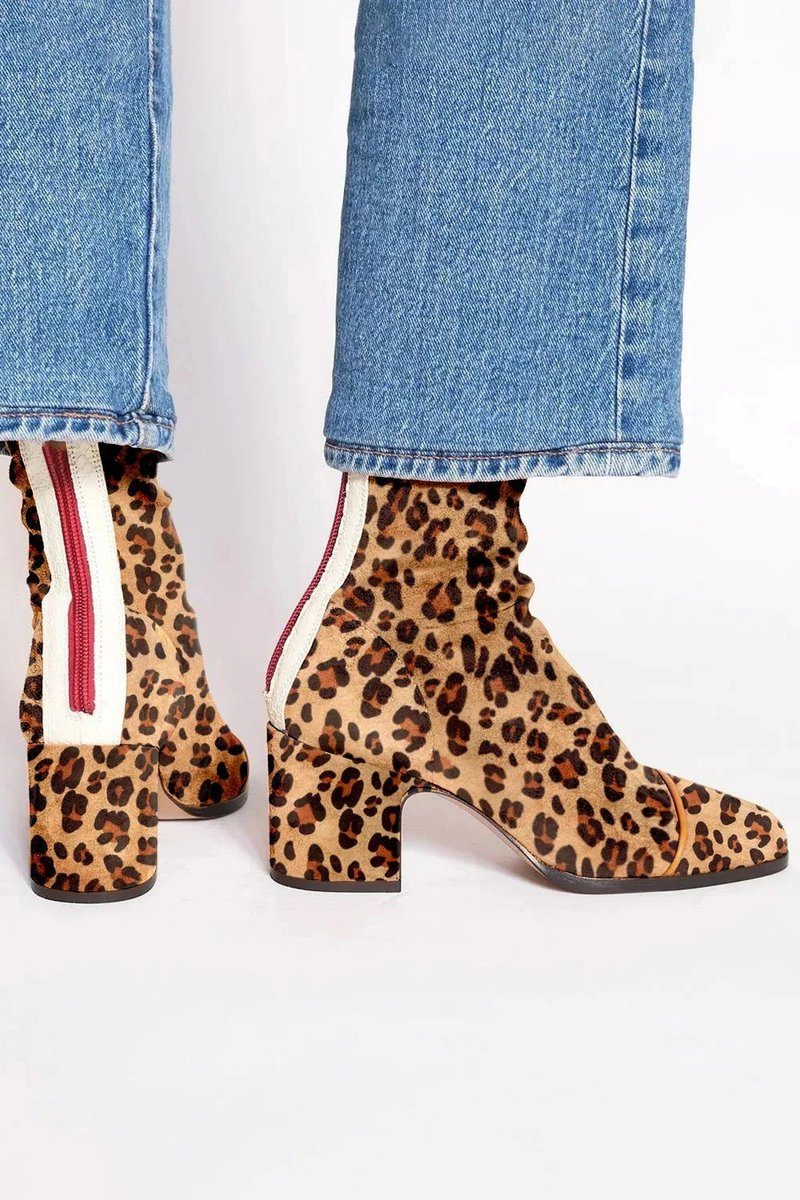 Block Heel Suede Ankle Boots with Leopard Toe for Women - Leopard Print
