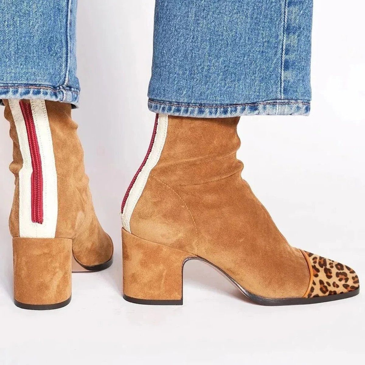Block Heel Suede Ankle Boots with Leopard Toe for Women - Brown