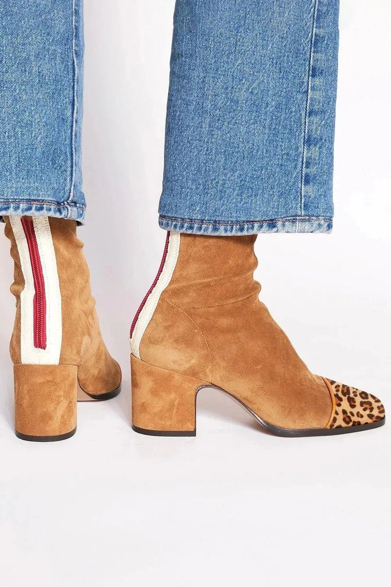 Block Heel Suede Ankle Boots with Leopard Toe for Women - View 6